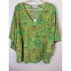 Emily Wonder Green Floral V-Neck Kimono Sleeve Blouse Top Shirt 2X Oversized NWT